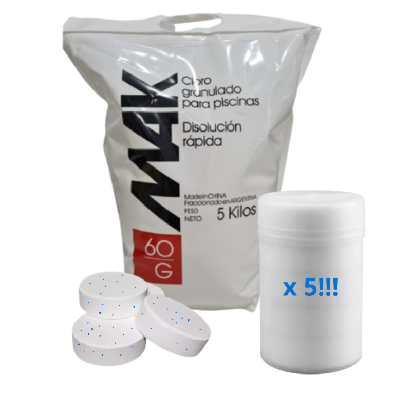 Kit Cloro Granulado Disolución Rápida 60% y Pastillas Triple Acción x 5kg