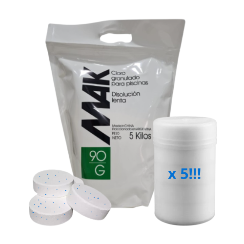 Kit Cloro Granulado Disolución Lenta x 5kg y Pastillas Triple Acción x 5kg