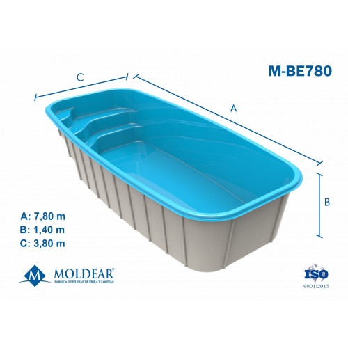 PILETA DE FIBRA DE VIDRIO BANCO Y ESCALERA MODELO BE780 7,80m X  3,80m X 1,40m